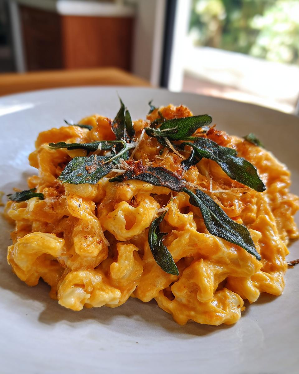 A creamy bowl of butternut squash pasta topped with crispy sage leaves and grated cheese.