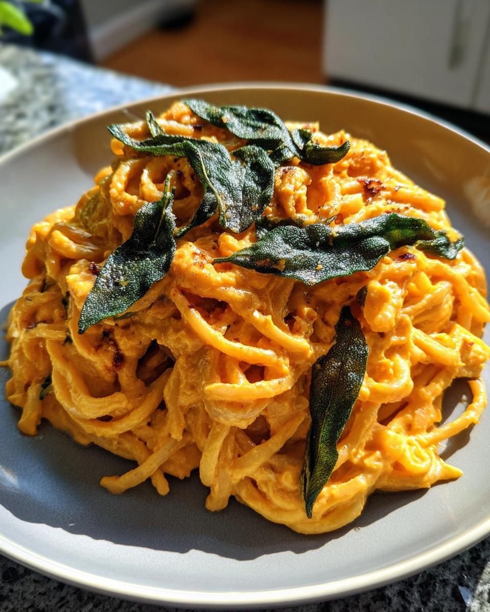 A close-up of creamy butternut squash pasta topped with crispy sage leaves.