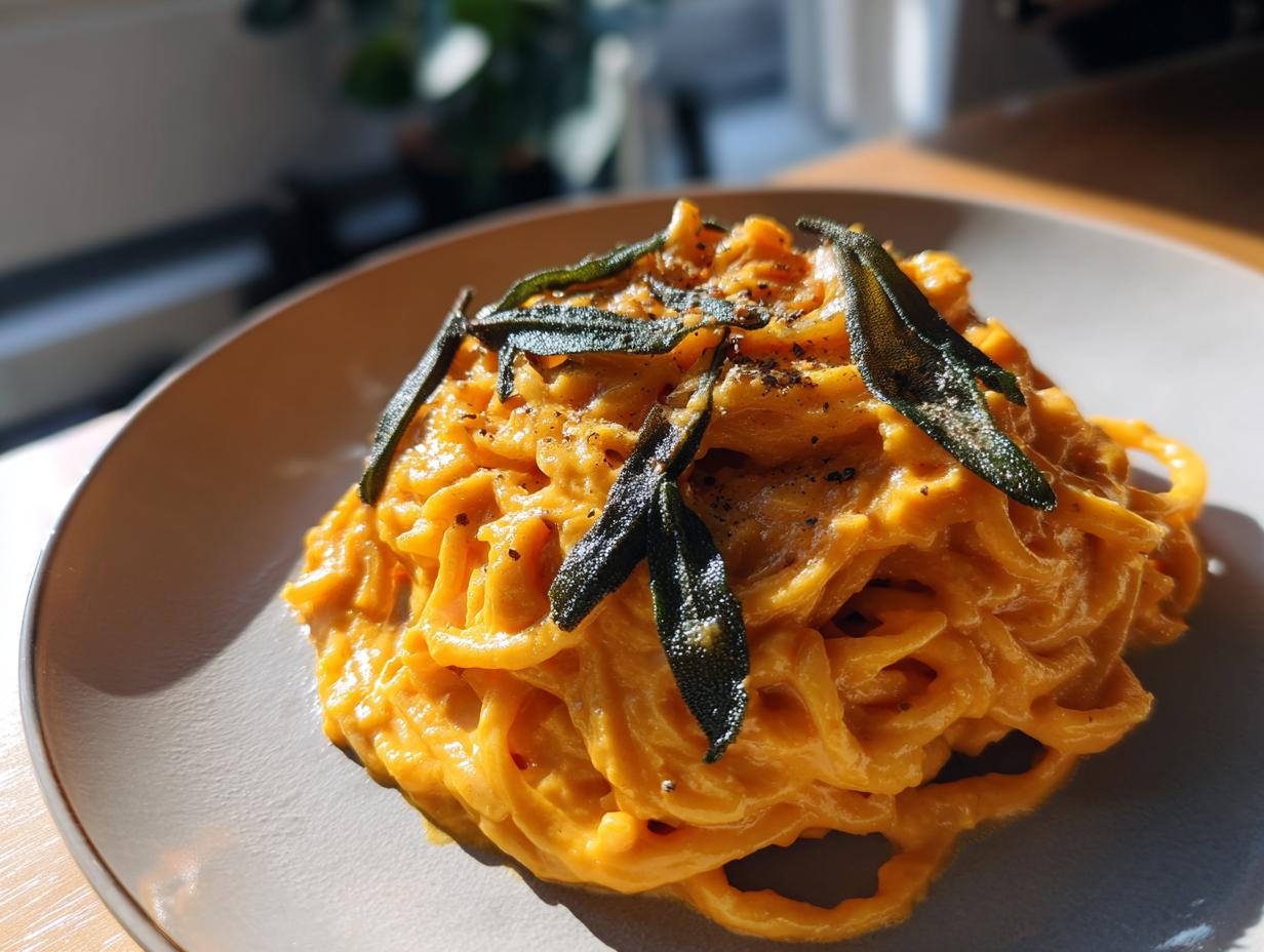 A close-up of butternut squash pasta with crispy sage leaves and black pepper on a light gray plate.