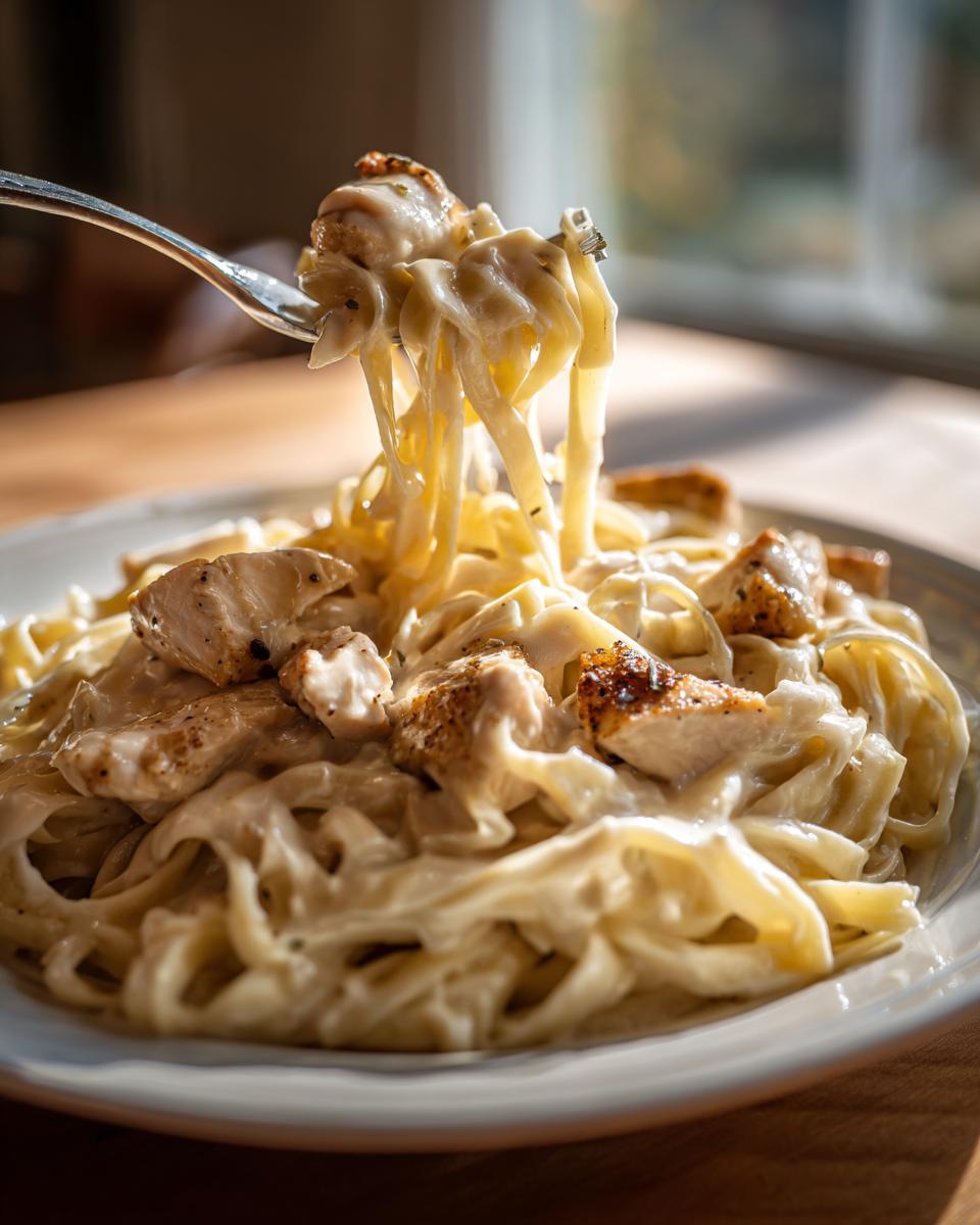 A fork lifts a swirl of fettuccine pasta coated in creamy sauce, topped with pieces of seasoned Cajun chicken breast.
