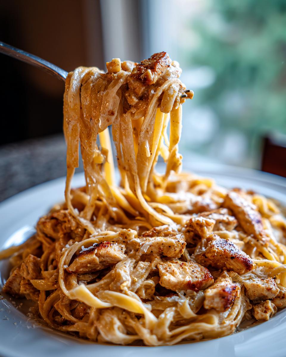 A fork lifting a generous portion of fettuccine pasta coated in creamy Cajun Alfredo sauce, topped with diced chicken breast.