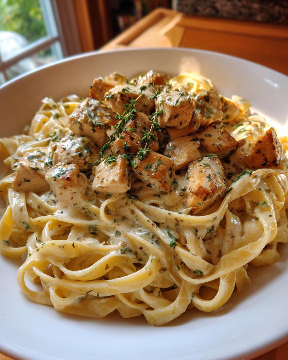 A close-up of creamy fettuccine pasta topped with diced Cajun seasoned chicken breast and fresh herbs.