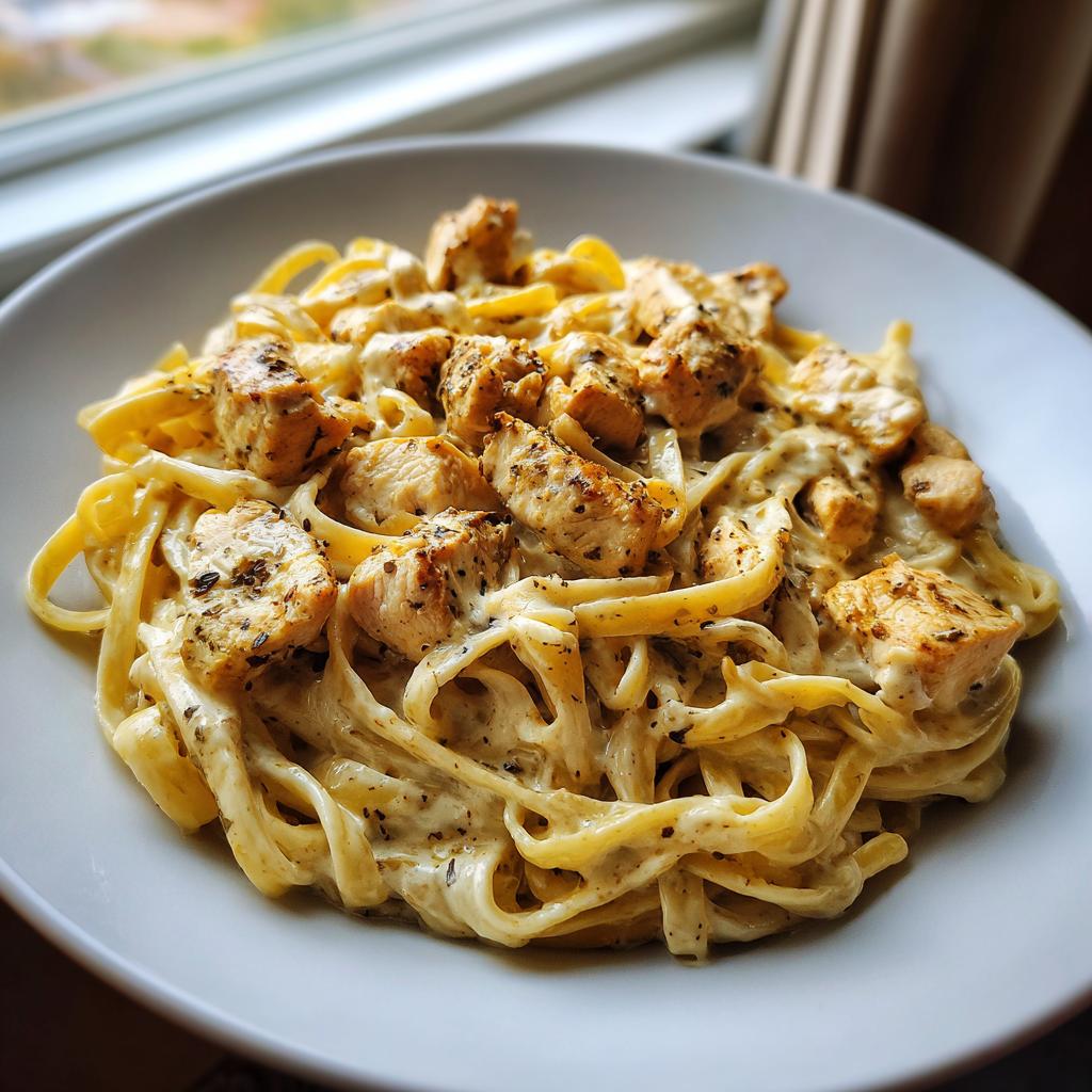 A close-up of creamy fettuccine pasta topped with seasoned Cajun chicken breast pieces.