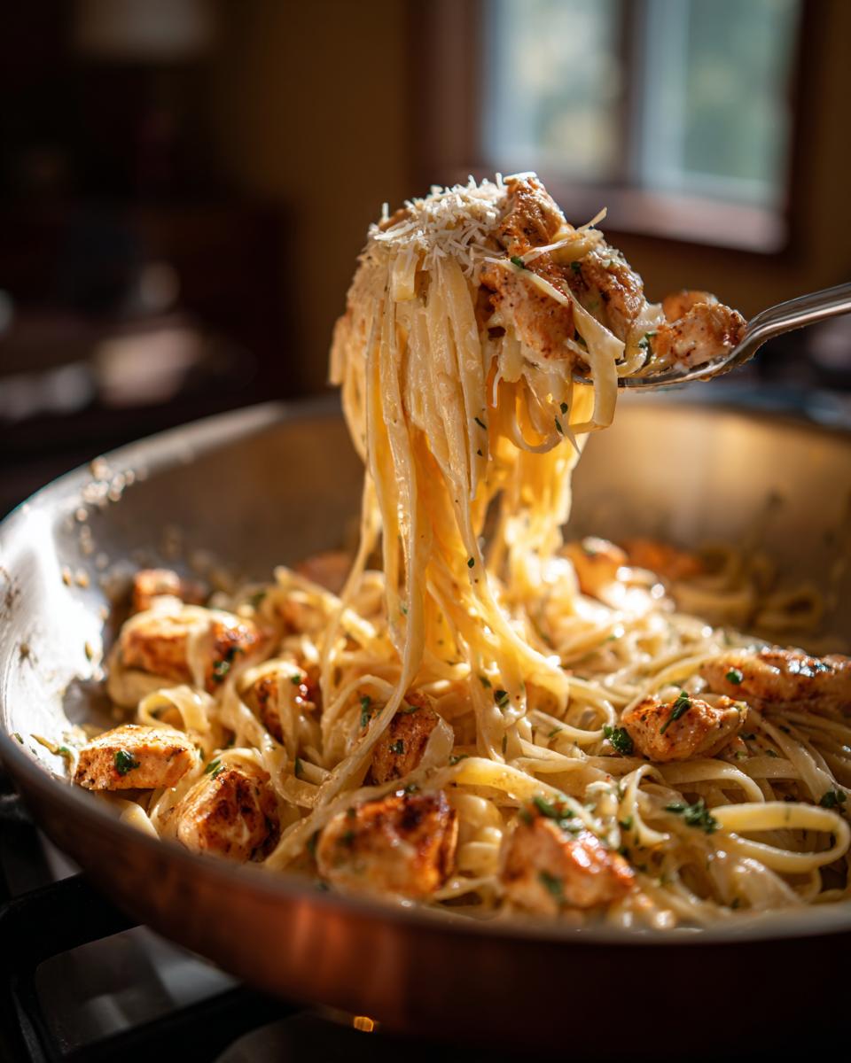 A fork lifts a generous portion of fettuccine pasta with Cajun seasoned chicken pieces and grated Parmesan cheese.
