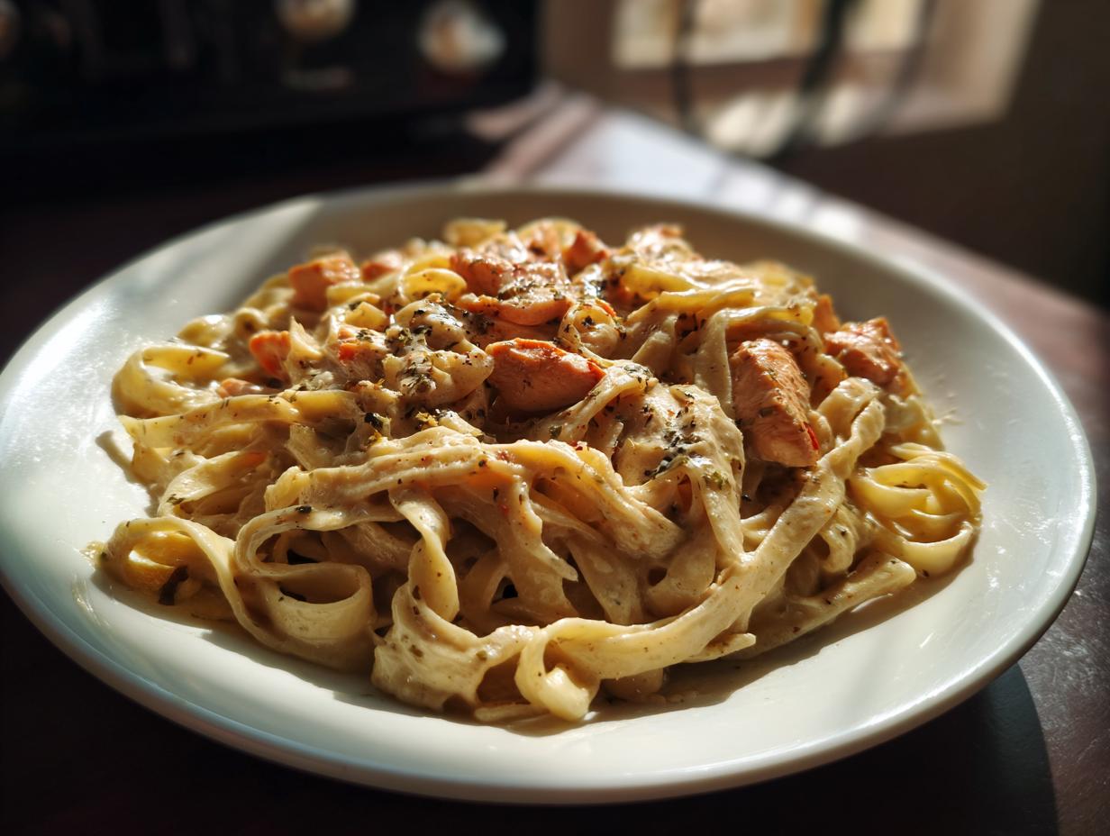 A close-up of creamy Cajun chicken alfredo pasta with tender chicken pieces and herbs.