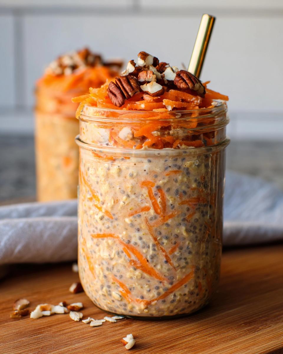 Close-up of Carrot Cake Overnight Oats in a mason jar, topped with shredded carrots and pecans.