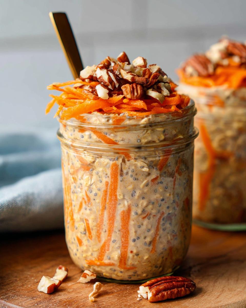 A close-up of Carrot Cake Overnight Oats in a mason jar, topped with shredded carrots and chopped nuts.