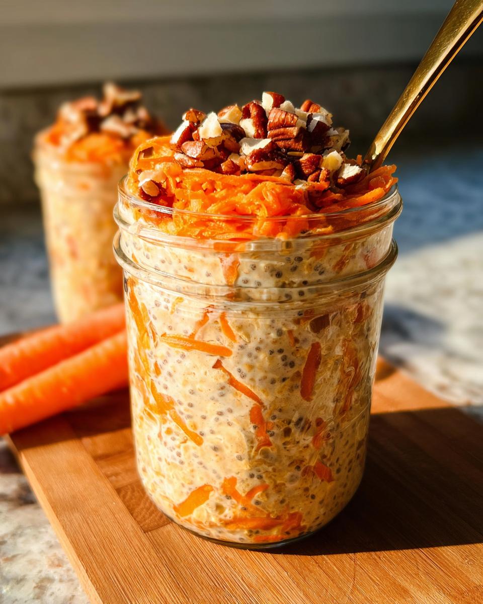 Close-up of Carrot Cake Overnight Oats in a mason jar, topped with shredded carrots and pecans, with a spoon.