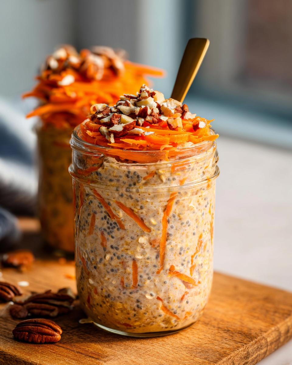 Close-up of a jar filled with Carrot Cake Overnight Oats, topped with shredded carrots and nuts.