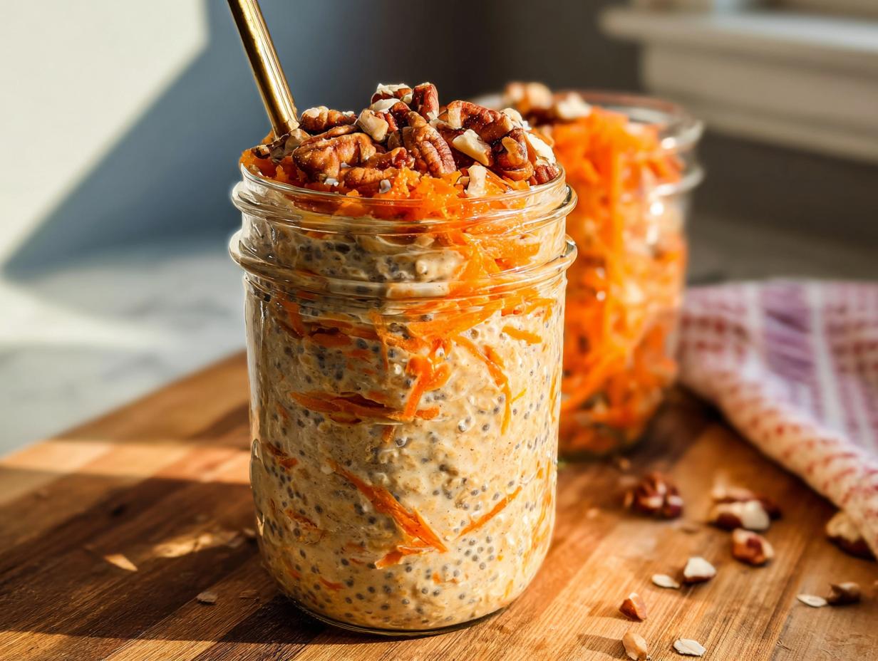 A close-up of Carrot Cake Overnight Oats in a mason jar, topped with shredded carrots and pecans, with another jar in the background.
