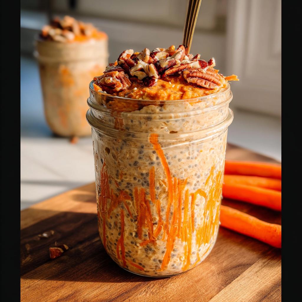 A close-up of Carrot Cake Overnight Oats in a mason jar, topped with pecans and shredded carrots.