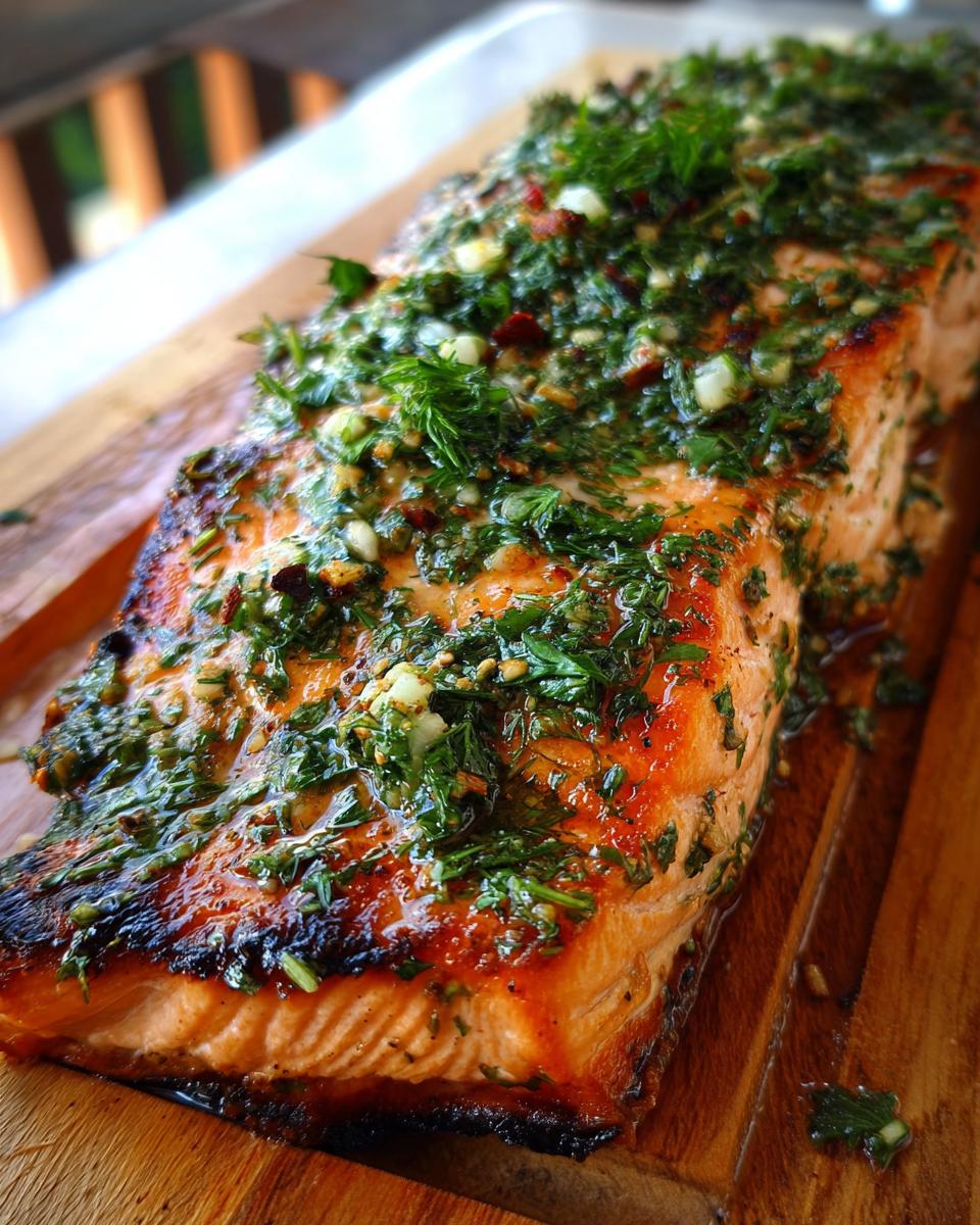 Close-up of a perfectly grilled cedar plank salmon fillet topped with a vibrant mix of fresh herbs and garlic.