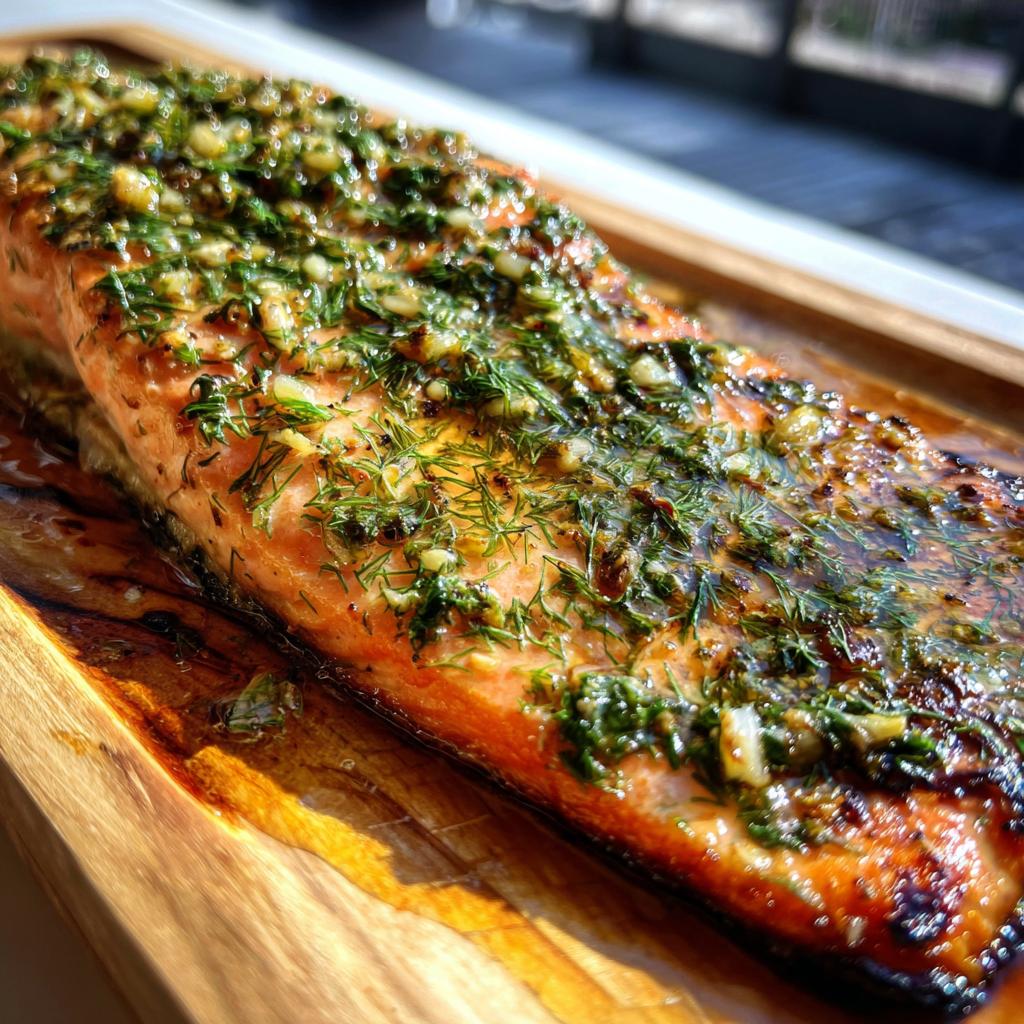 Close-up of a perfectly grilled cedar plank salmon fillet topped with fresh herbs and garlic.