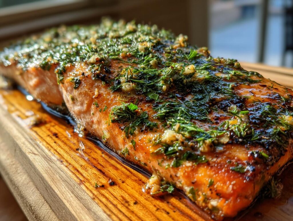 Close-up of a perfectly grilled cedar plank salmon fillet topped with fresh herbs and garlic.
