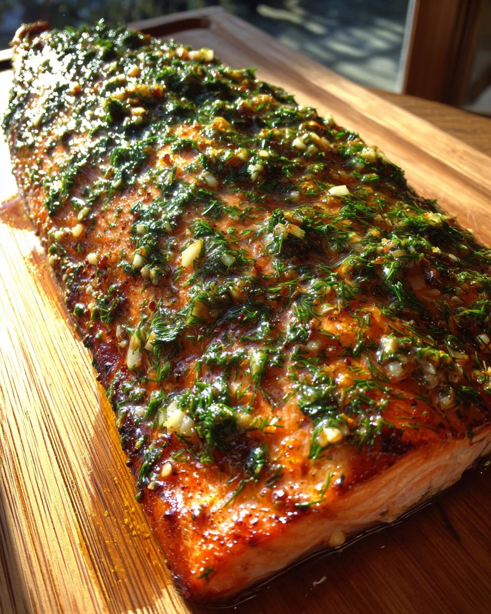 Close-up of a whole cedar plank salmon fillet topped with fresh herbs and garlic, ready for grilling.