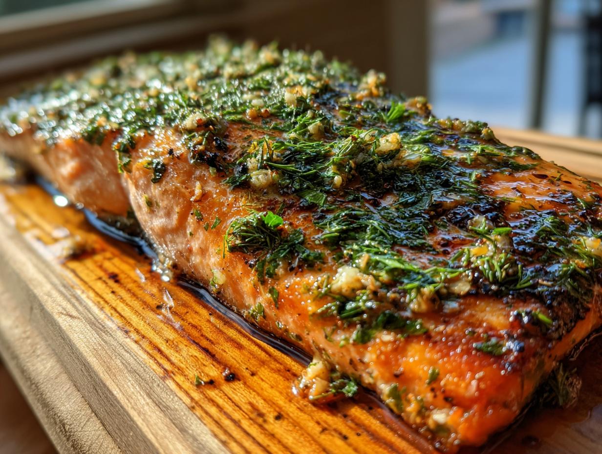 Close-up of a perfectly grilled cedar plank salmon fillet topped with fresh herbs and garlic.