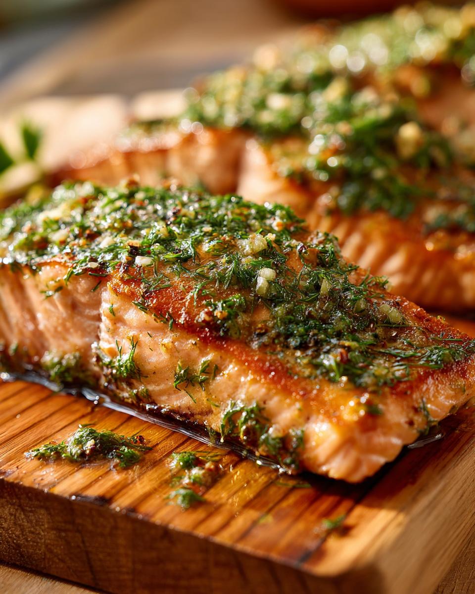 Close-up of perfectly grilled cedar plank salmon topped with fresh herbs and garlic.