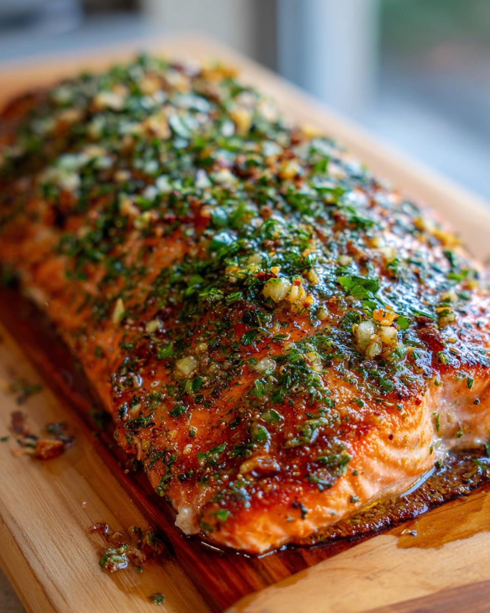 Close-up of a whole cedar plank salmon fillet topped with fresh herbs and garlic, ready for grilling.