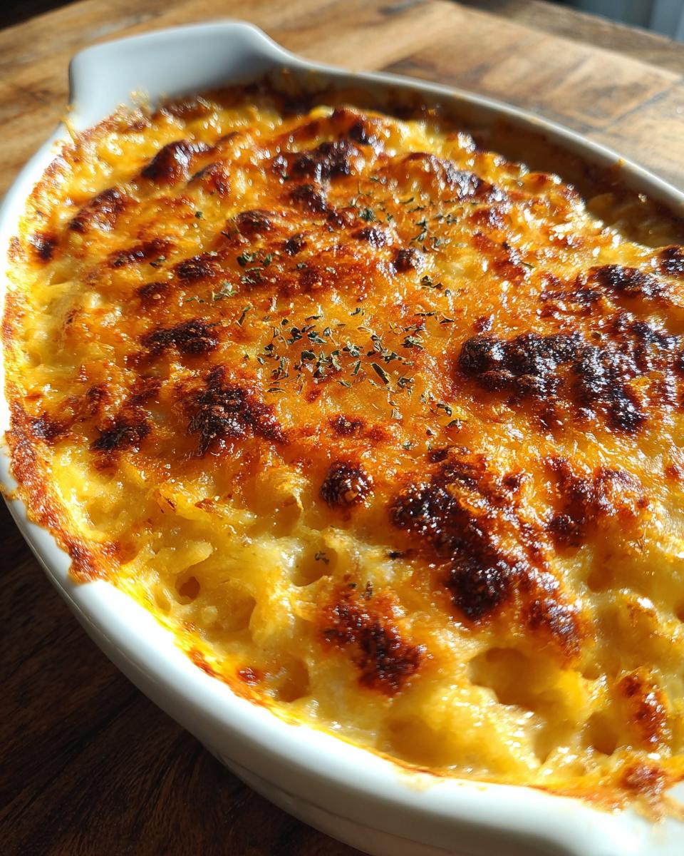 Close-up of a golden-brown, bubbly cheesy hash brown casserole with herbs in a white baking dish.