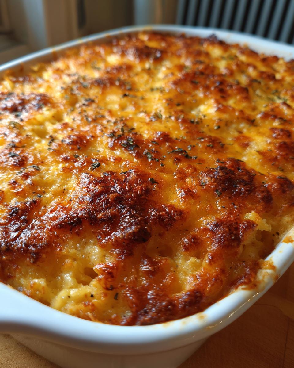 Close-up of a golden-brown cheesy hash brown casserole, baked to perfection with herbs.