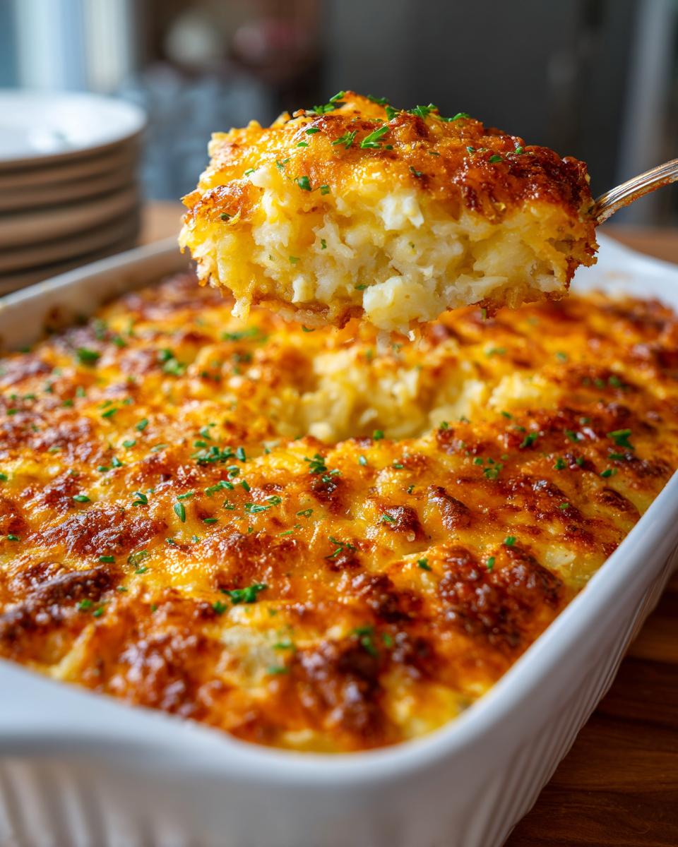 A scoop of cheesy hash brown casserole lifted from a baking dish, showing golden brown cheese and fluffy potato.