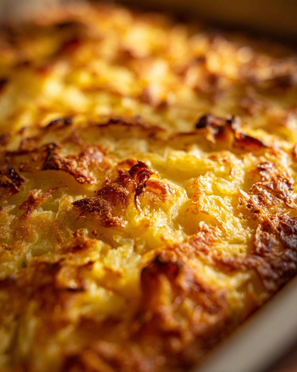 Close-up of a golden-brown, cheesy hash brown casserole, perfect for breakfast ideas.