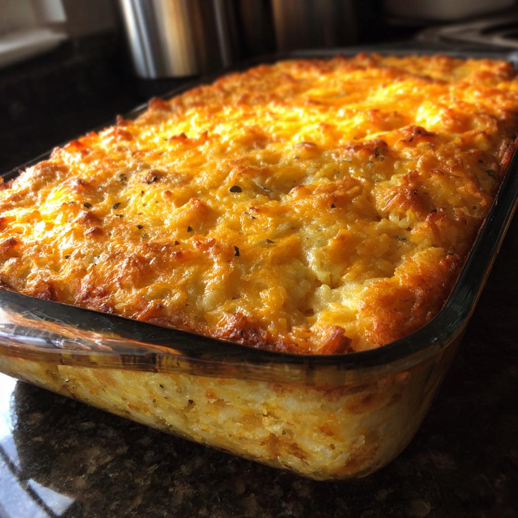 A golden-brown, bubbly cheesy hash brown casserole fresh out of the oven in a glass baking dish.