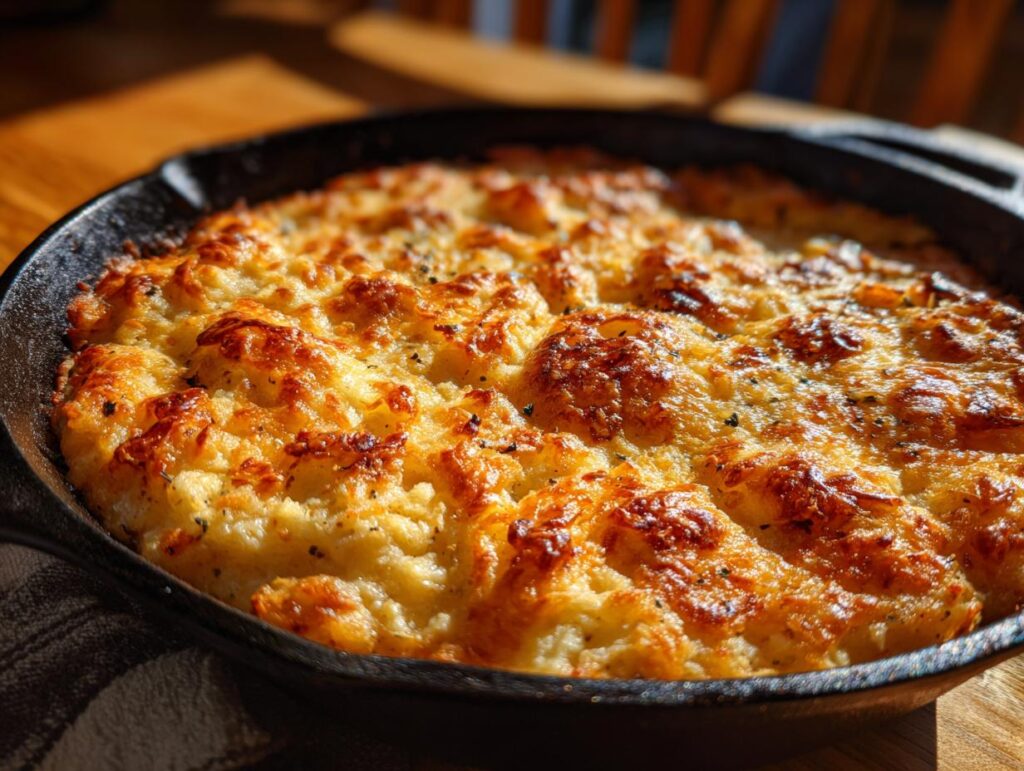 A golden-brown, cheesy hash brown casserole baked in a cast-iron skillet, perfect for breakfast ideas.
