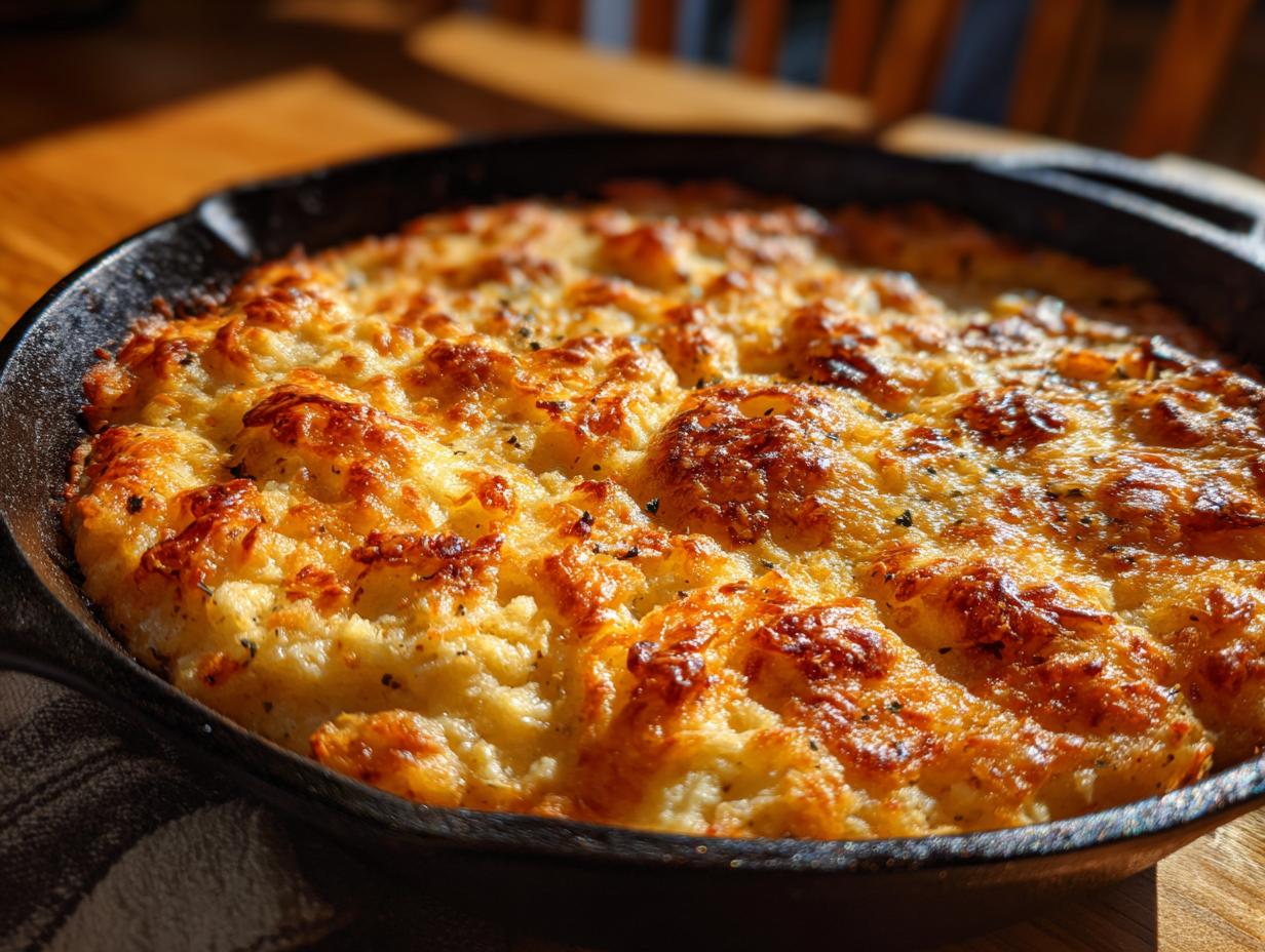 A golden-brown, cheesy hash brown casserole baked in a cast-iron skillet, perfect for breakfast ideas.