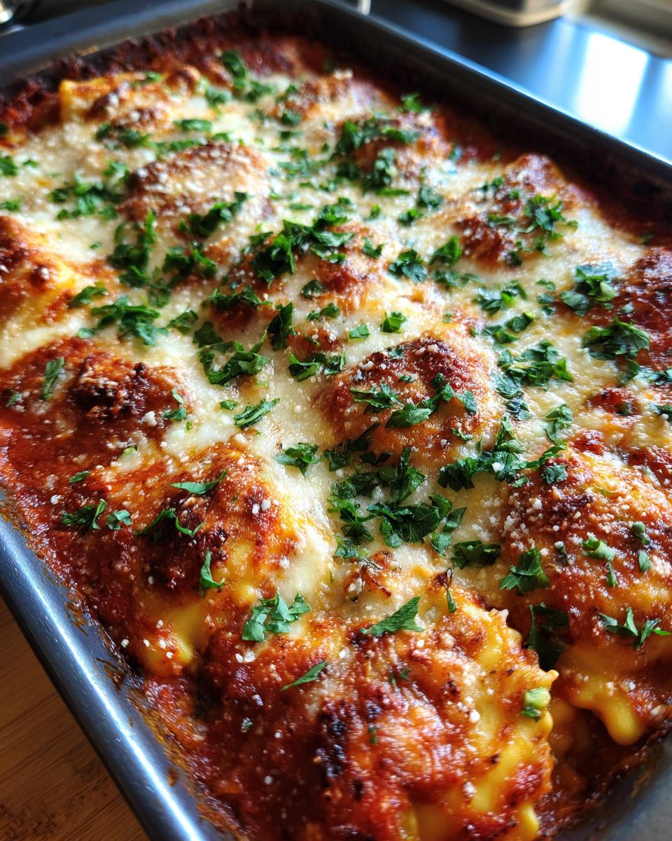 Close-up of a bubbly, cheesy ravioli bake fresh from the oven, topped with parsley.