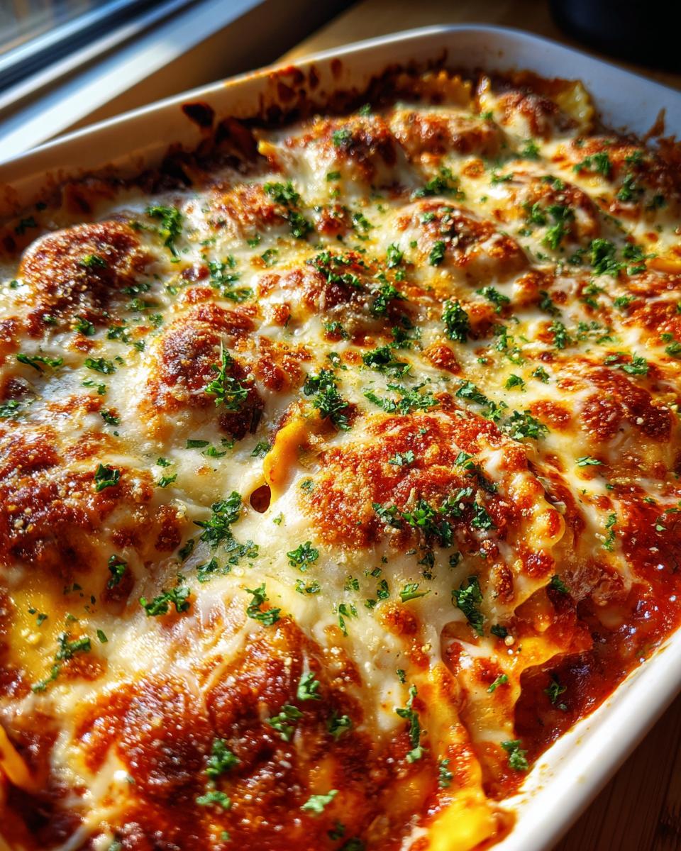 Close-up of a bubbly, cheesy ravioli bake in a white baking dish, topped with fresh parsley.