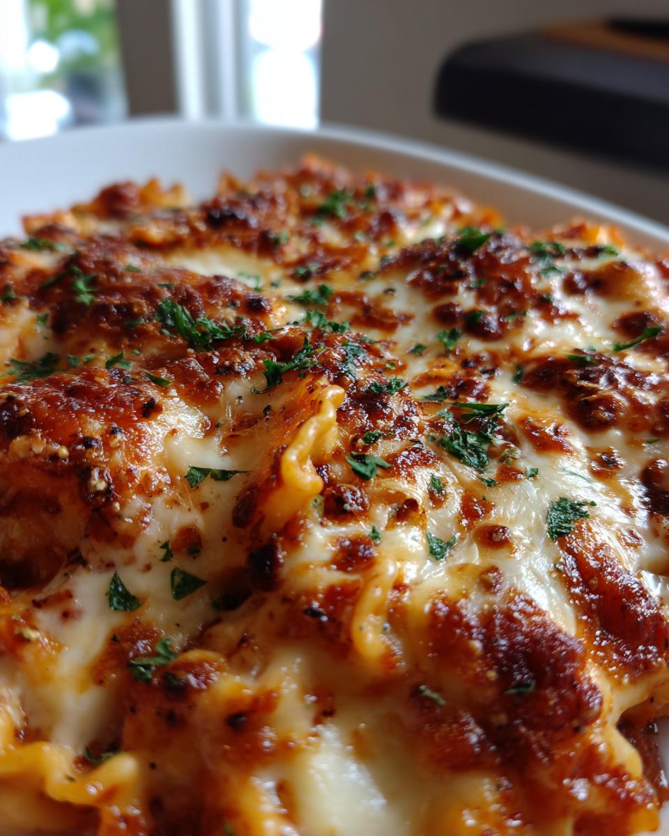Close-up of a cheesy ravioli bake, bubbling with melted cheese and topped with fresh parsley.