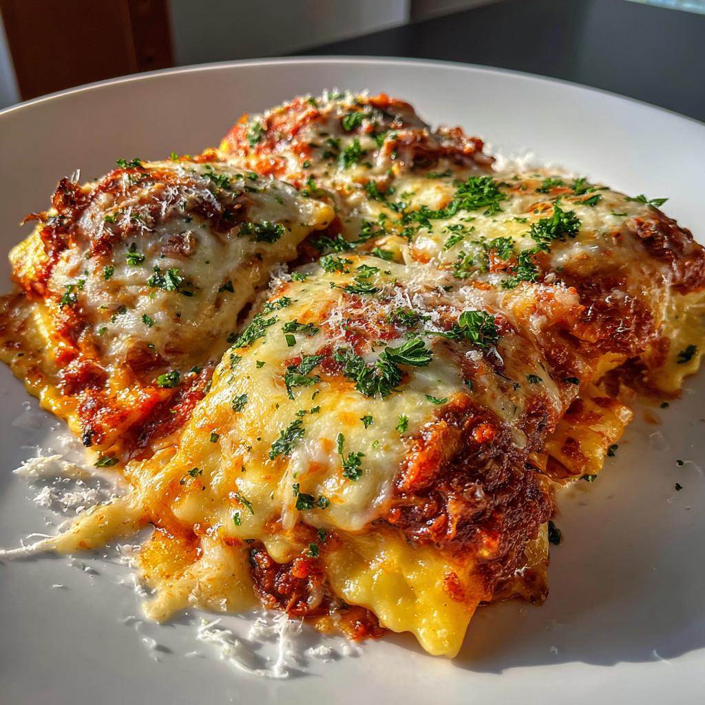 Close-up of a Cheesy Ravioli Bake, topped with melted cheese, rich tomato sauce, and fresh parsley.
