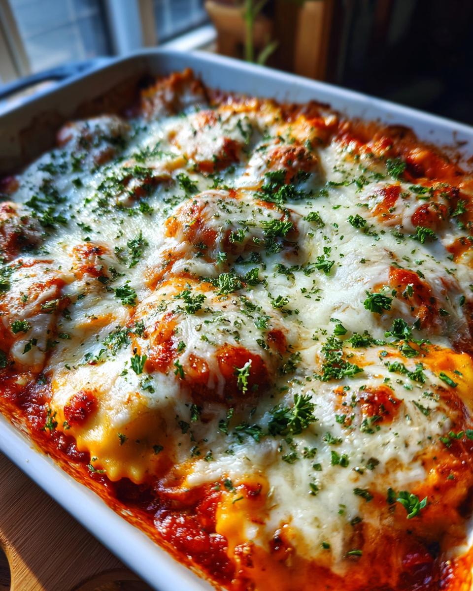 Close-up of a bubbly, cheesy ravioli bake in a white dish, topped with melted mozzarella and fresh parsley. A perfect easy dinner recipe.