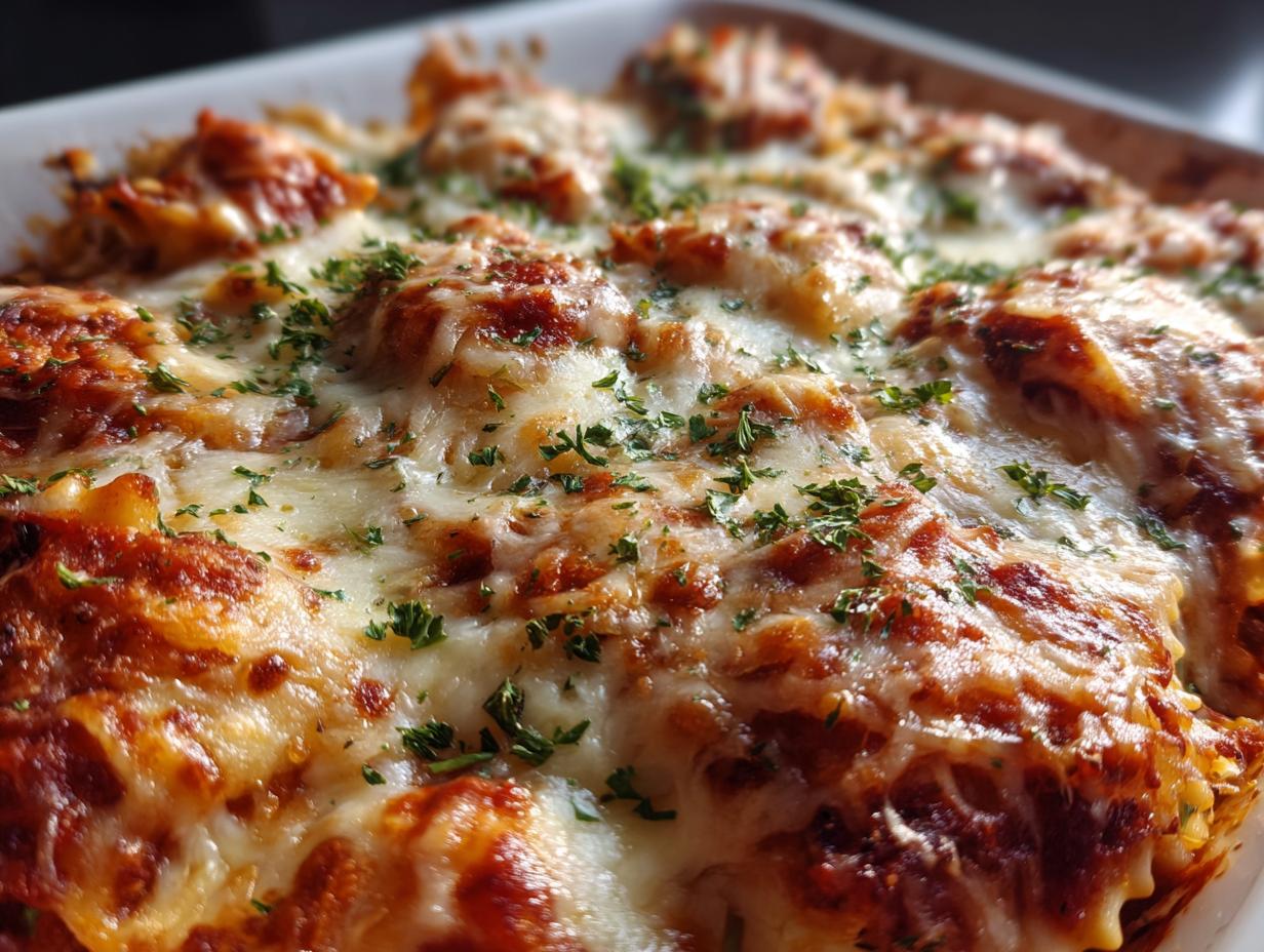 Close-up of a bubbly, cheesy ravioli bake topped with fresh parsley, perfect for easy dinner recipes.