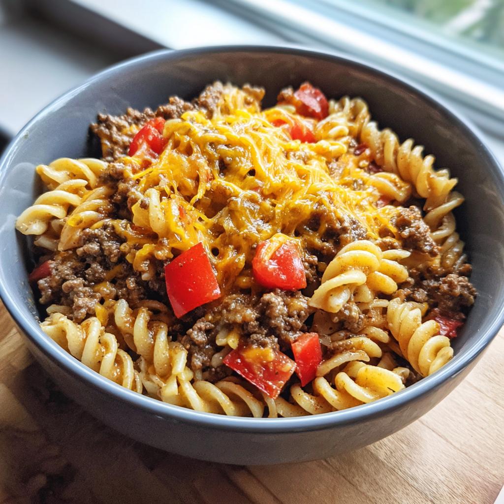 A bowl of cheesy taco pasta with ground beef and diced tomatoes, a quick and easy weeknight meal.