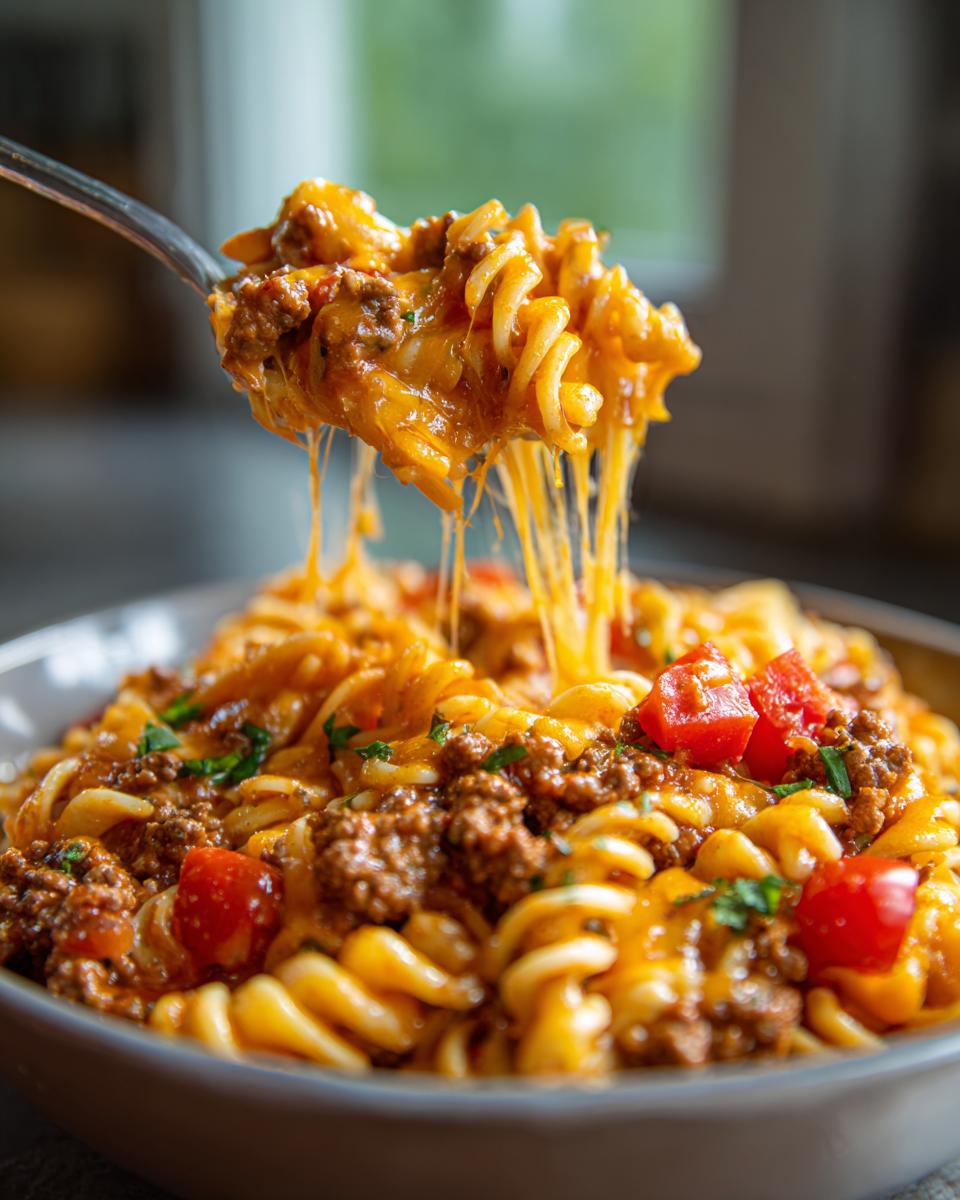 A forkful of cheesy taco pasta with ground beef, showing melted cheese strings.