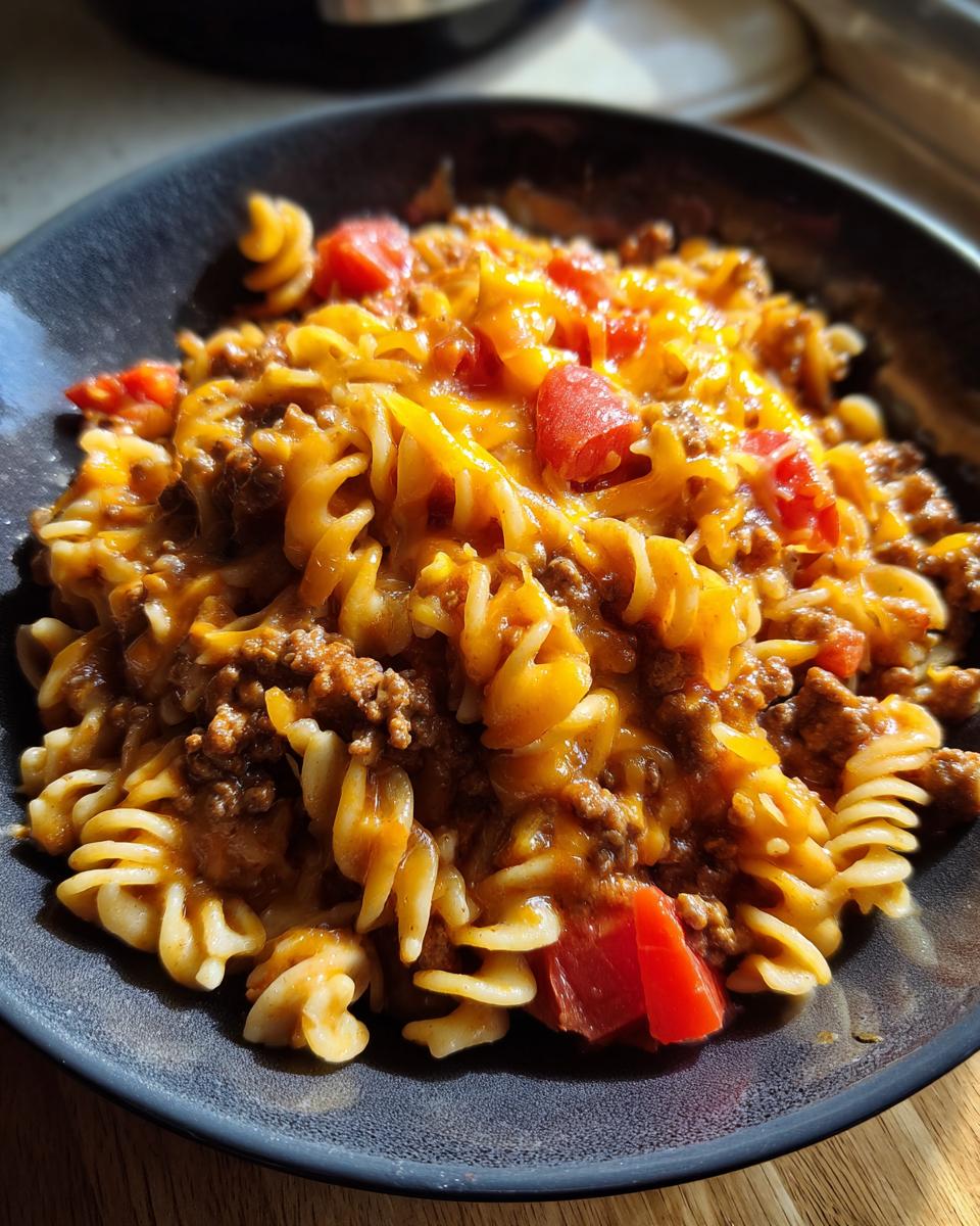 A close-up of cheesy taco pasta with ground beef and diced tomatoes in a dark bowl.