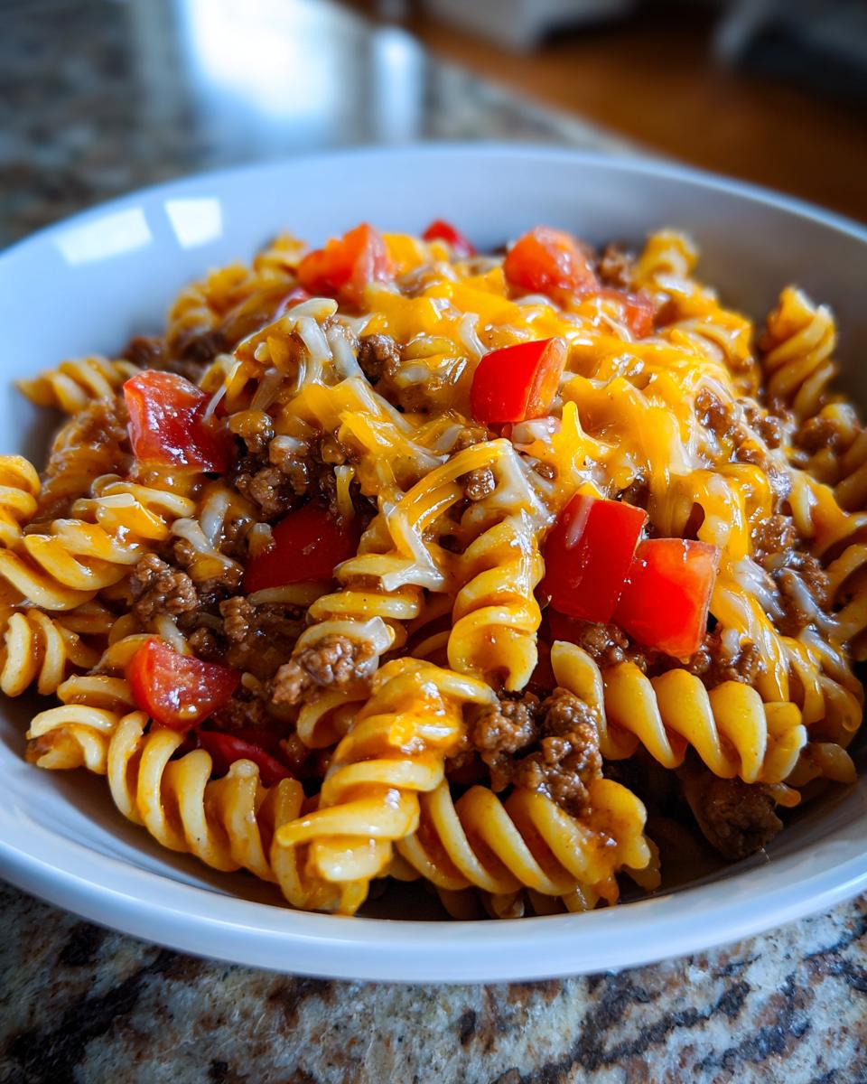 A bowl of cheesy taco pasta with ground beef and diced tomatoes, a quick weeknight meal.