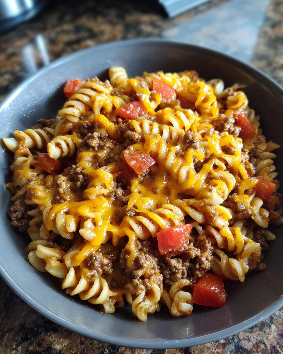 A bowl of cheesy taco pasta with ground beef and diced tomatoes, a perfect weeknight meal.