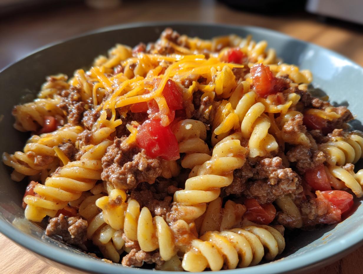 A bowl of cheesy taco pasta with ground beef and diced tomatoes, a perfect ground beef recipe for weeknights.
