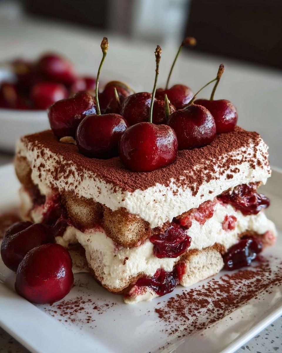 A decadent slice of Cherry Amaretto Tiramisu, layered with ladyfingers, cream, and cherries, topped with fresh cherries and cocoa powder.