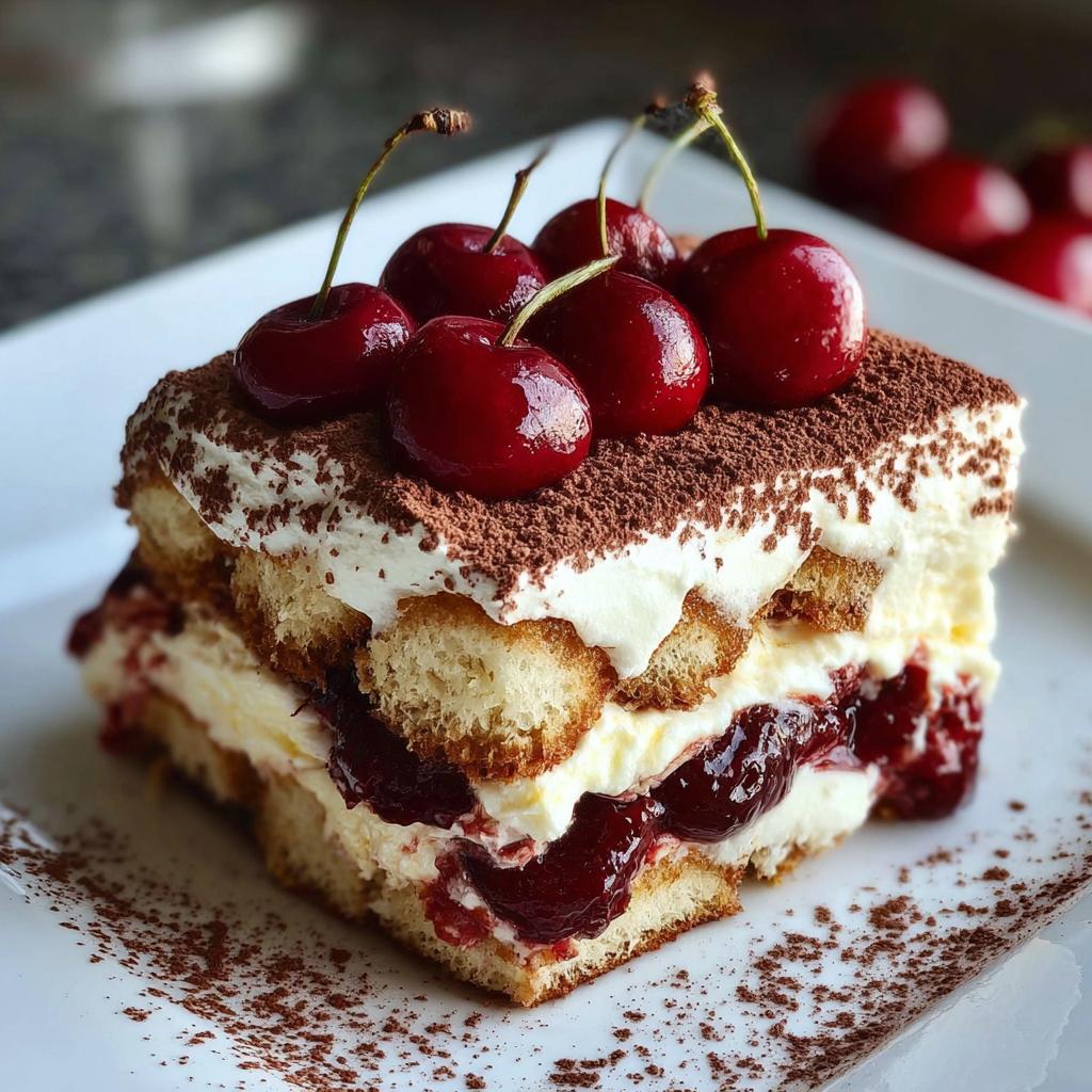 A slice of Cherry Amaretto Tiramisu topped with fresh cherries and cocoa powder, served on a white plate.