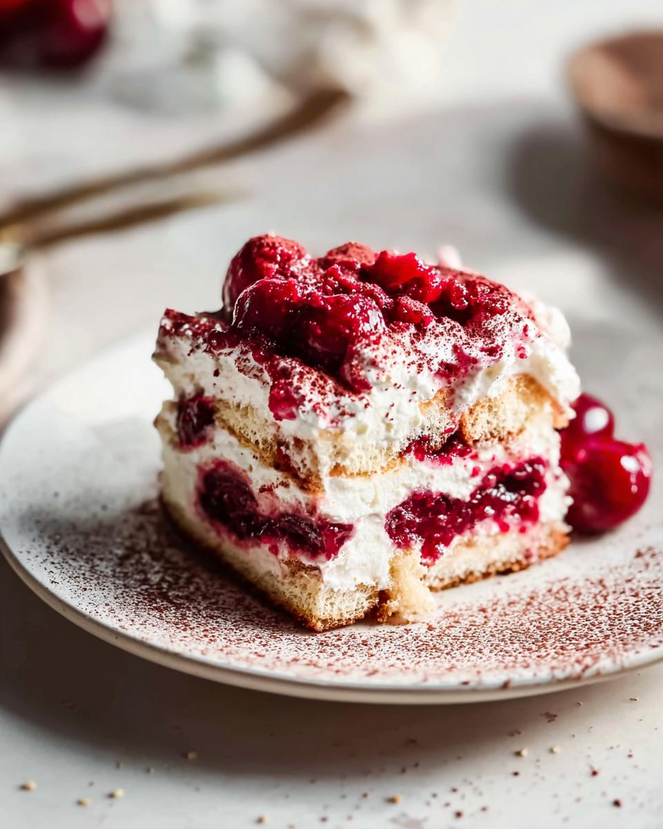 A slice of Cherry Amaretto Tiramisu layered with ladyfingers, cream, and cherries, dusted with cocoa powder.