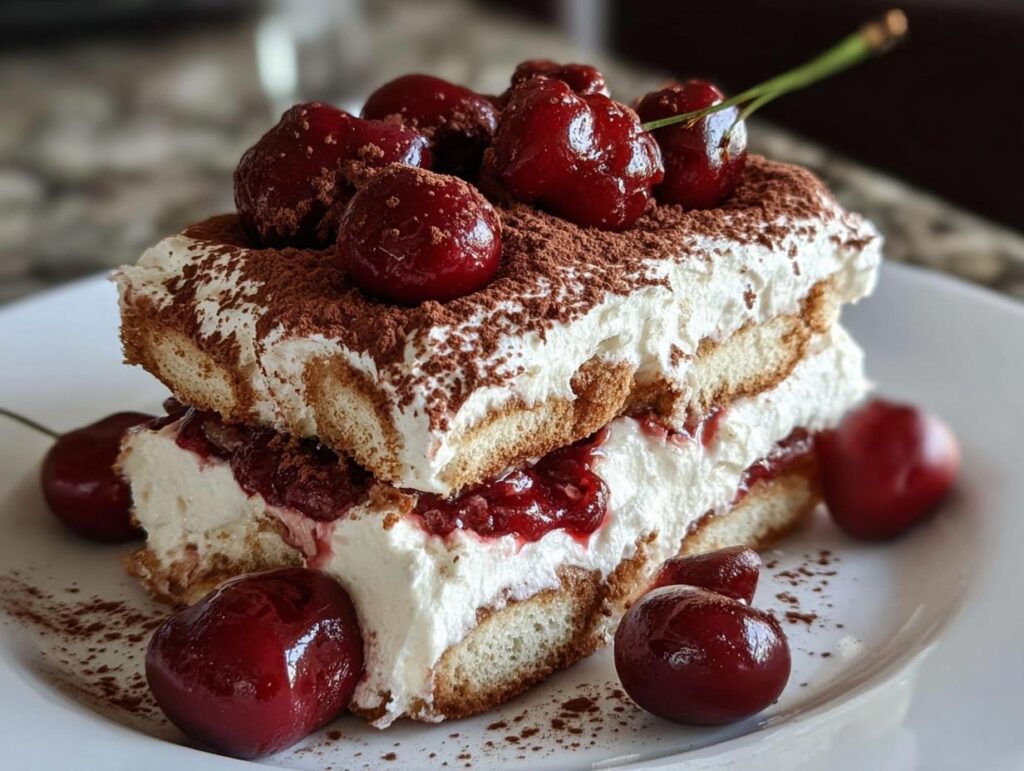 A decadent slice of Cherry Amaretto Tiramisu, layered with ladyfingers, cream, and cherries, topped with fresh cherries and cocoa powder.