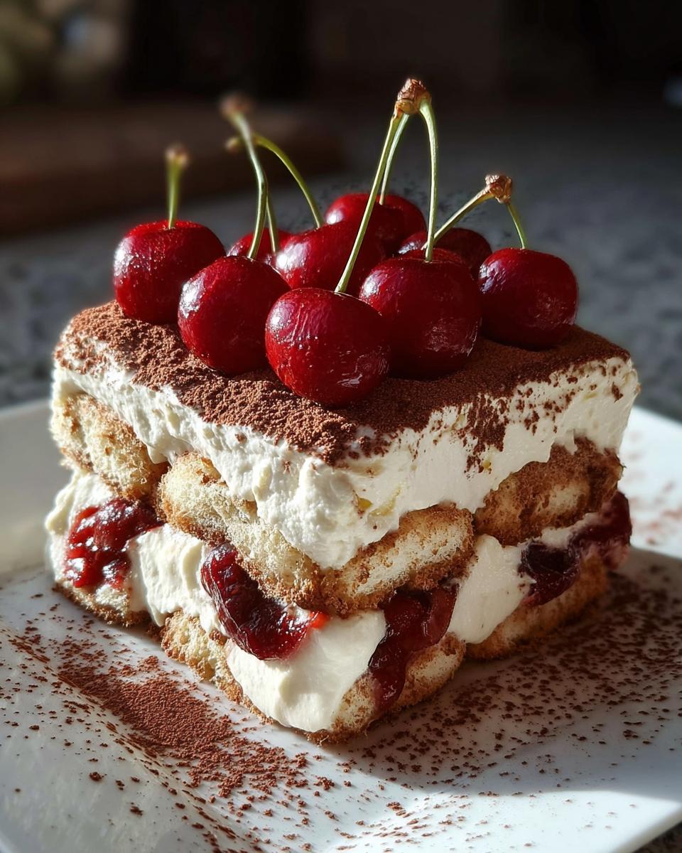 A decadent slice of Cherry Amaretto Tiramisu, layered with ladyfingers, cream, cherry filling, and topped with fresh cherries and cocoa powder.