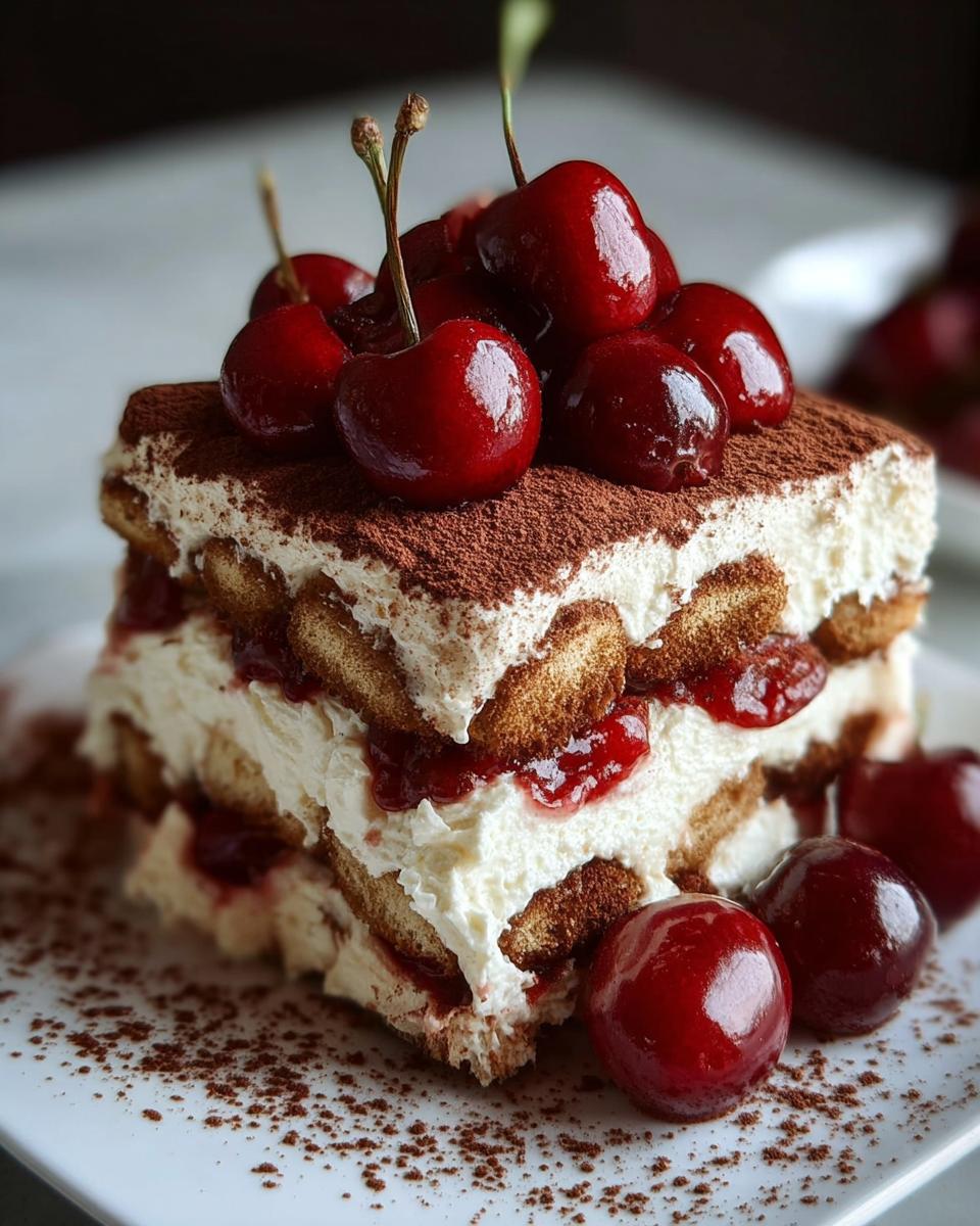 A decadent slice of Cherry Amaretto Tiramisu, layered with ladyfingers, cream, cherry filling, and topped with fresh cherries and cocoa powder.