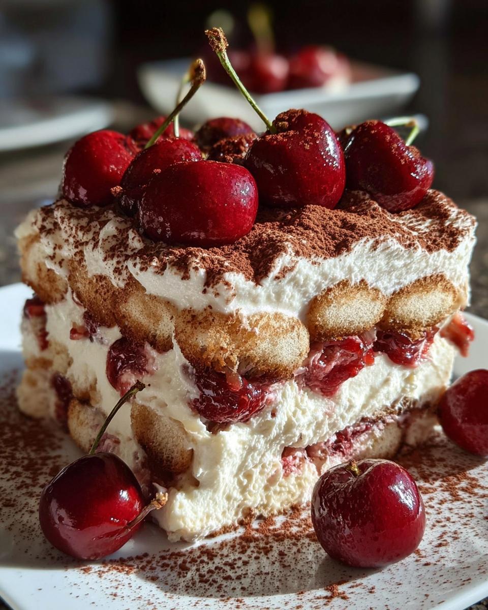 A decadent slice of Cherry Amaretto Tiramisu, layered with ladyfingers, cream, and cherries, topped with fresh cherries and cocoa powder.