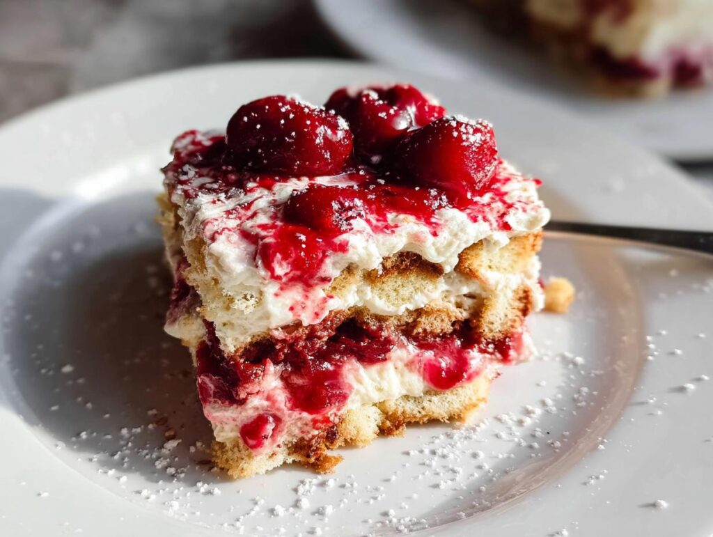A slice of Cherry Amaretto Tiramisu on a white plate, topped with fresh cherries and powdered sugar.