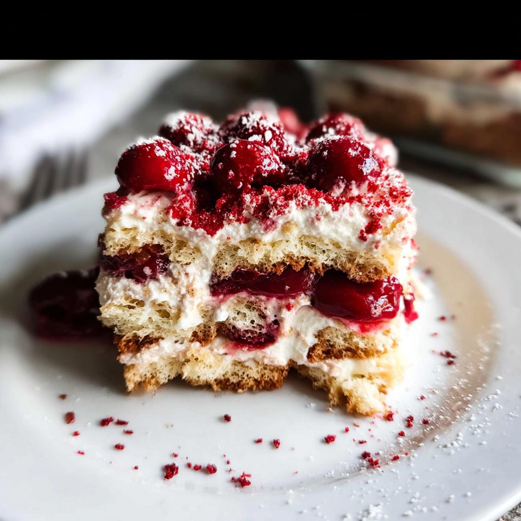 A delicious slice of Cherry Amaretto Tiramisu, layered with ladyfingers, cream, and cherries, topped with fresh cherries and powdered sugar.